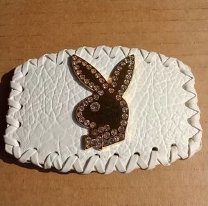 Vintage Playboy Bunny Belt Buckle White Leather Gold with Crystals